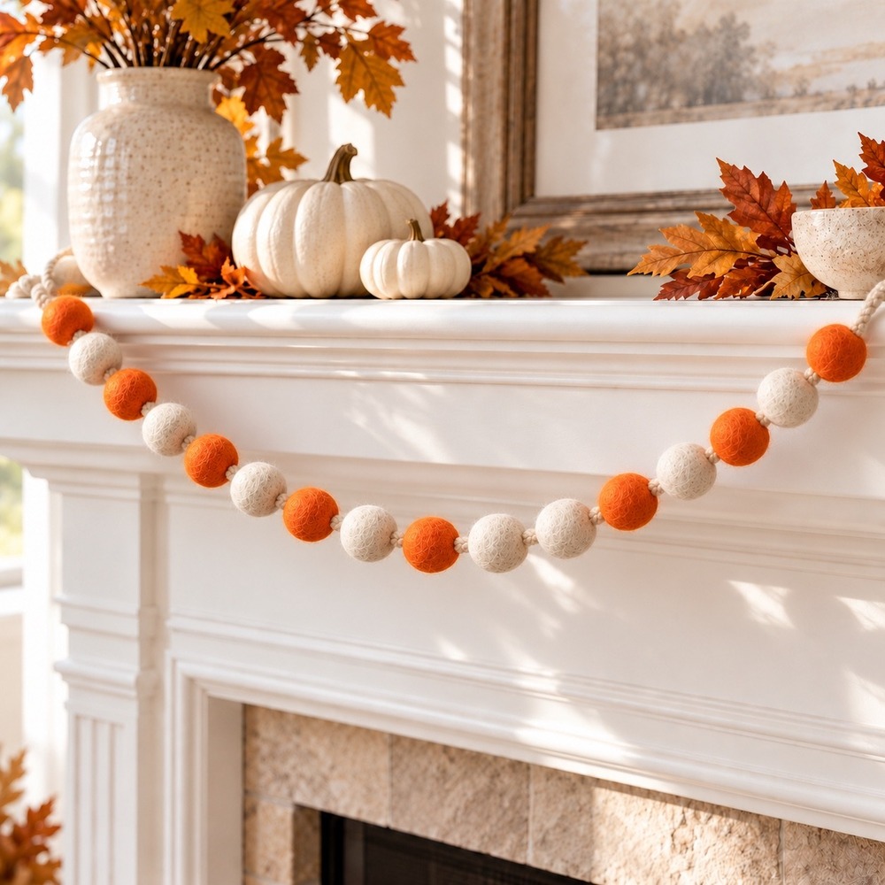 Adams & Co Orange Ivory Felt Ball Pom Pom Garland 72" Fall Halloween Decor
